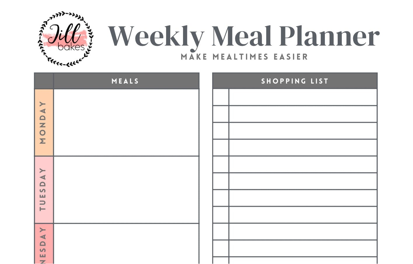 Jill Bakes Printable Weekly Meal Planner & Shopping List
