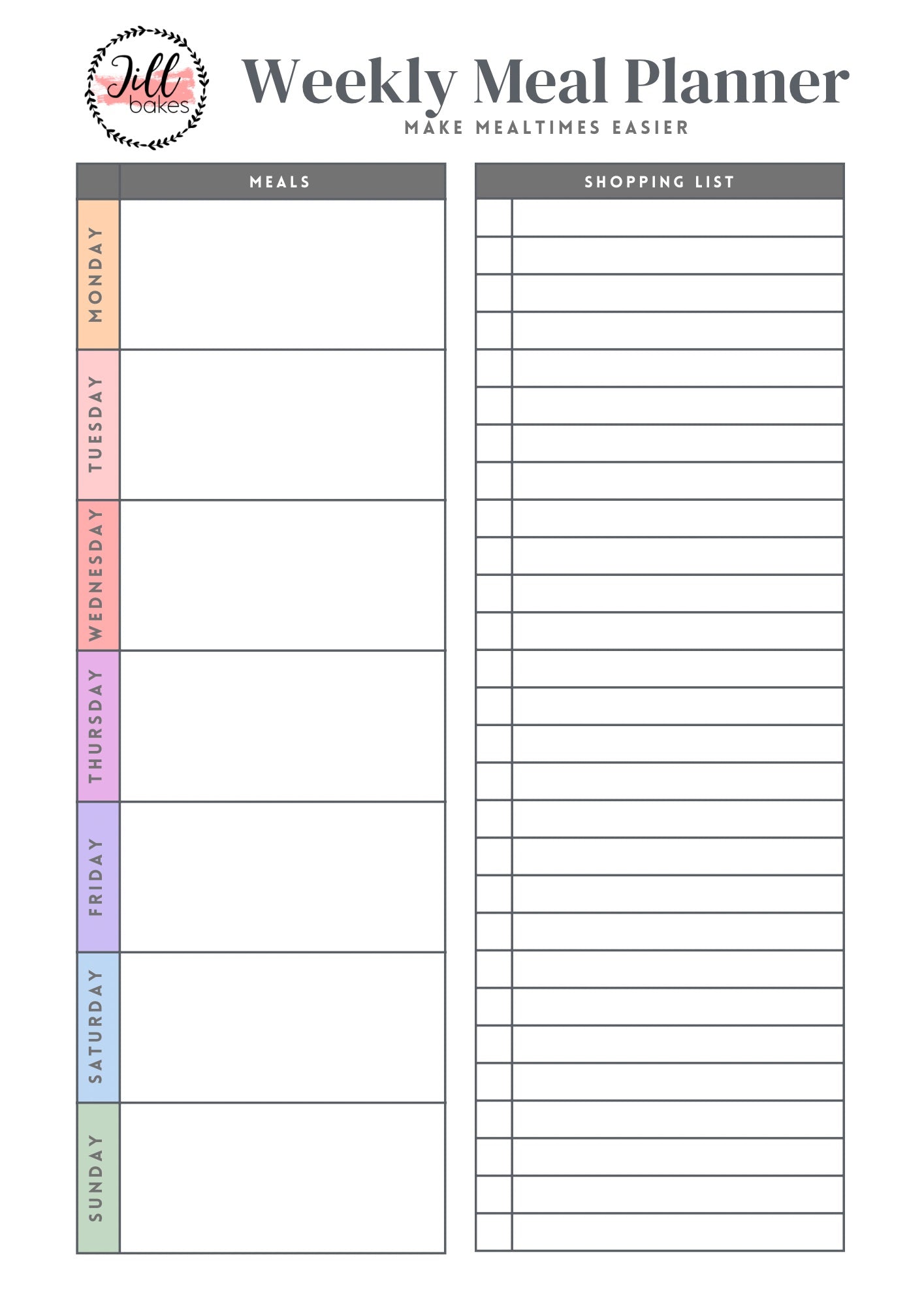 Jill Bakes Printable Weekly Meal Planner & Shopping List